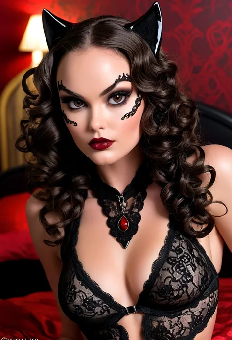 Tori Black lace catwoman, ringlets wavy three feet long black hair, dark red glossy lips, heavy black eye shadow long black eyeliner, black lace beautiful and creative sleeveless bikini outfit, incredible and fantastic with no gaps face mask, forehead lace...