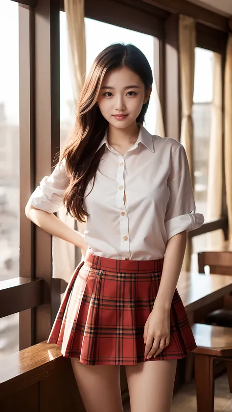 Tartan check micro mini skirt、Burberry style、Oversized shirt、adult、Summer clothes、Low-rise skirt、Summer sunshine、Beautiful pubic bone、Highest quality、Realistic photos、Gravure photoshoot、Professional Lighting、smile、Droopy eyes、Egg-shaped outline、８Head to Bo...