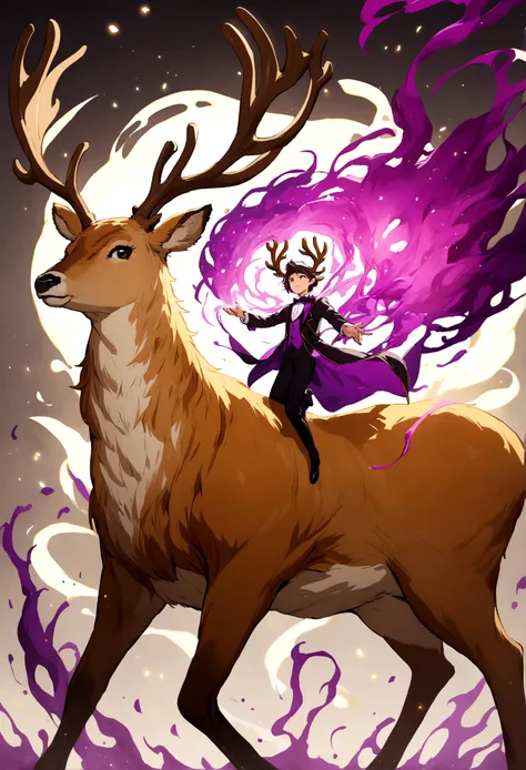 A young magician summons a deer with large antlers with purple details