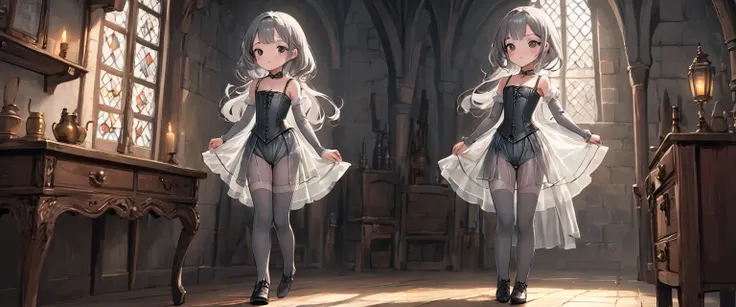 8 year old medieval girl, underwear姿、Translucent knee-length drawers（underwear）Wearing、Wearing a semi-transparent corset、Translucent slip, Grey translucent tights