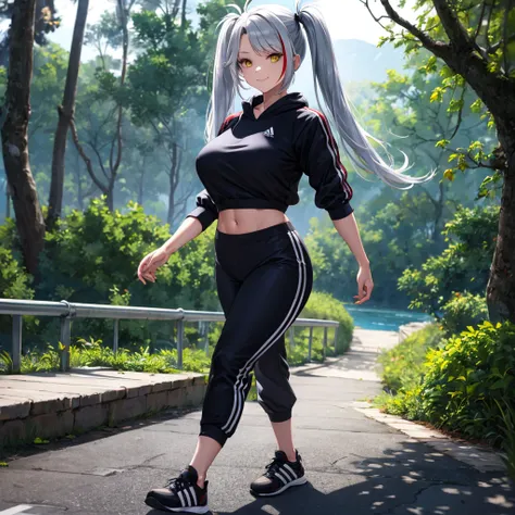 a woman wearing a black adidas sweatshirt, black adidas track pants, sports shoes, silver hair, pigtails, red bangs, multi-color...