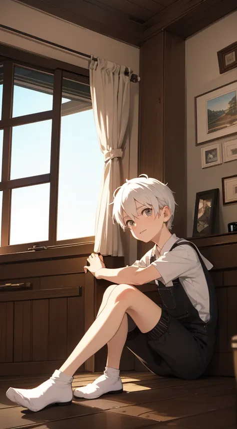 Two-dimensional cartoon boy Shota Shota, one-piece overall: 1.5, full body photo, nightcap, goggles, cute gestures, leg rings, white stockings, white hair, slightly red face, sitting by the window, looking out the window,