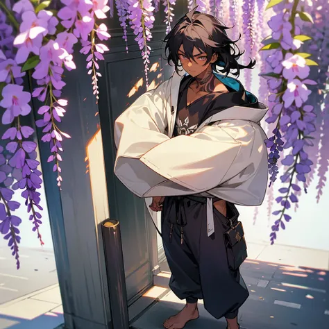 1male, young adult, dark skin, finely detailed plum eyes, wild medium hair, two tone hair, black hair color, seashell white hair color, oversized hoodie, baggy pants, standing on building, day time, tokyo streets, e expression, muscular, tattoos, wisteria ...