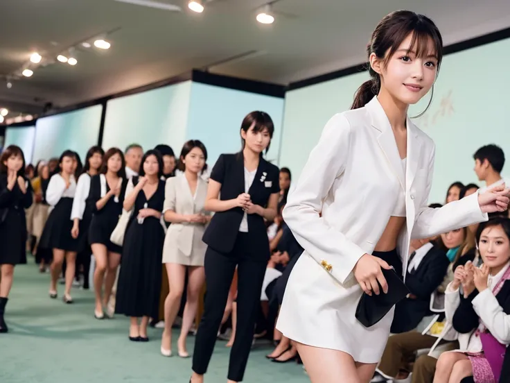 An extremely beautiful Japanese high school girl race queen who highlights her beautiful legs、Overdo　Photographed walking down the runway at a fashion show announcing new underwear、She is an eternal idol who combines a clean look with modern charm.。 She cr...