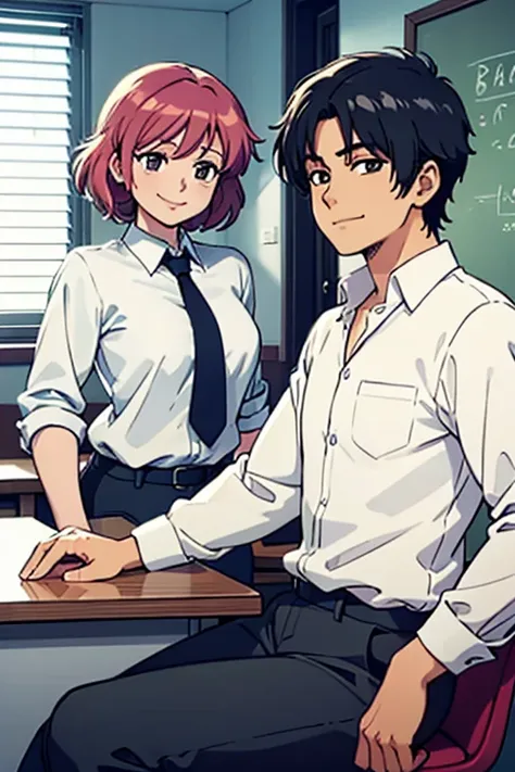 There are two people in the room, One is a woman and the other is a man, At work, High resolution, Madoka Ayukawa,, On the desk,, smile, Beautiful Face,