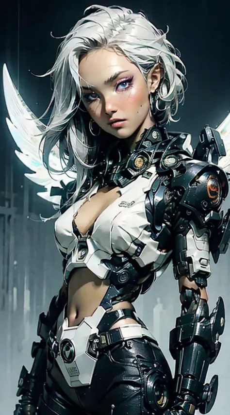 top-quality、​masterpiece、超A high resolution、(Photorealsitic:1.4)、Raw photo、Battle Cyborg Angel、large wings made of metal、White porcelain body、Acrylic Clear Cover、white  hair、glowy skin、1 Cyborg Girl、((super realistic details))、portlate、globalillumination、S...