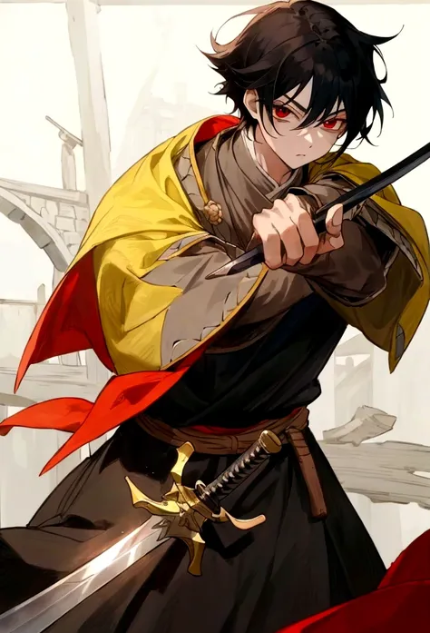 (Obra-prima, melhor qualidade: 1.2) Anime boy, black hair , red eyes , medieval clothes , Swordsman