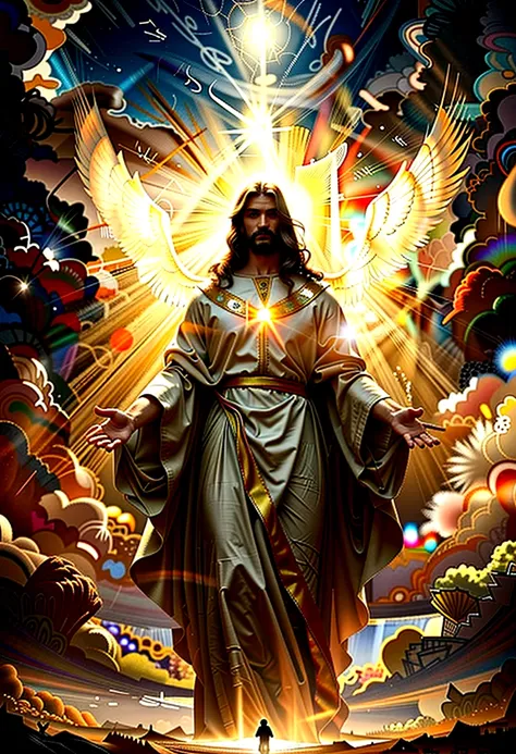 cinematic dramatic portrait of jesus christ, jesus christ in glory, jesus christ in the sky, jesus christ surrounded by light, j...