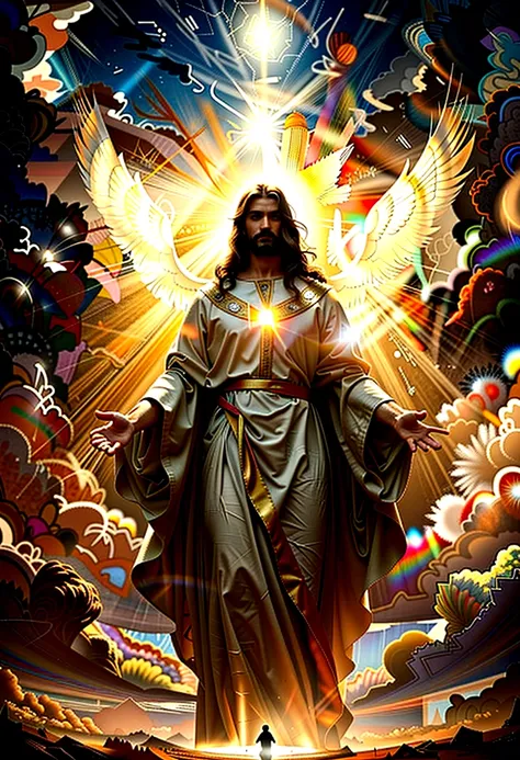 cinematic dramatic portrait of jesus christ, jesus christ in glory, jesus christ in the sky, jesus christ surrounded by light, j...