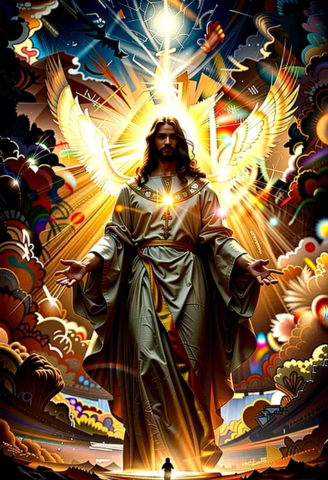 cinematic dramatic portrait of jesus christ, jesus christ in glory, jesus christ in the sky, jesus christ surrounded by light, j...