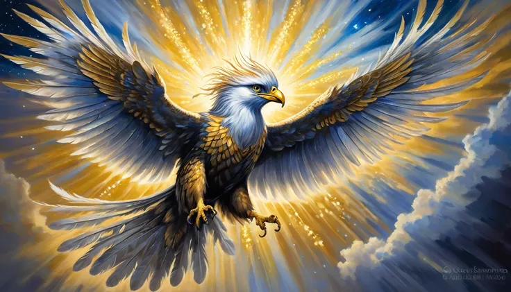 An electrifying harpy with feathers of shimmering gold and silver, its wings stretched out in a majestic display of power. The main subject is a mythical creature resembling a bird and a human, radiating energy and mystery. This is a breathtaking oil paint...