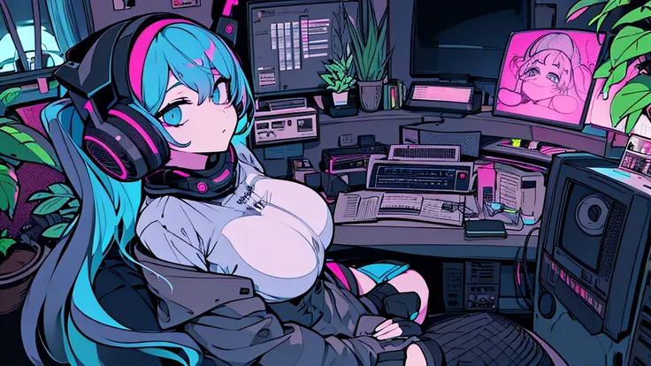 Best quality, (masterpiece:1.2), best detail face,1 girl, big breasts, 18 yo, 8k,absurdres,unity 8k wall paper,(extremely detailed:1.3), highest realistic, (retro headphones:1.1), (soft neon light:1.1), (floating hair:1.2), (psychedelic:1.2), Her room full...