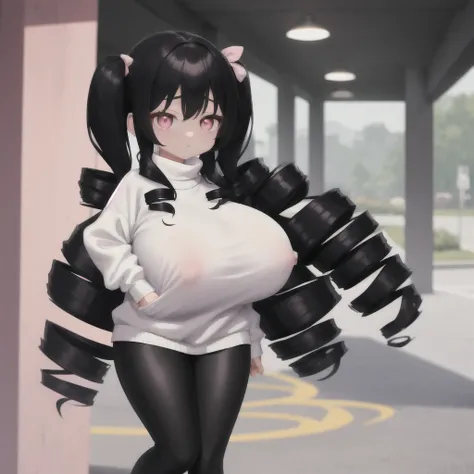 black hair, female, twin drills, solo, smol, pink eyes, massive breasts, very long hair, wear plain white sweater and leggings, masterpiece, ultra high quality