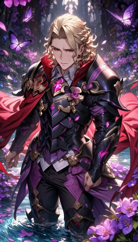 absurdres, highres, ultra detailed, HDR, master piece, best quality, Xander, blonde hair, expressive red eyes, fire emblem fates, solo, sexy man, handsome, black armor, red cape, black pants, fantasy, shining, water, purple flowers, purple blossoms, purple...