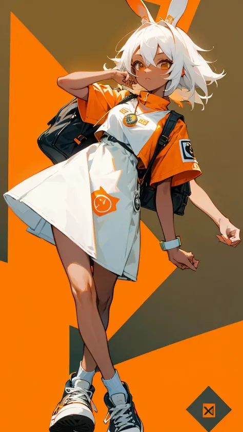 Bunny girl in a minimalist dress, korean style, orange shades, dark skin white hair, Converse sneakers, badge bag