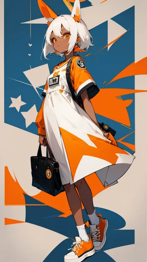 Bunny girl in a minimalist dress, korean style, orange shades, dark skin white hair, Converse sneakers, badge bag