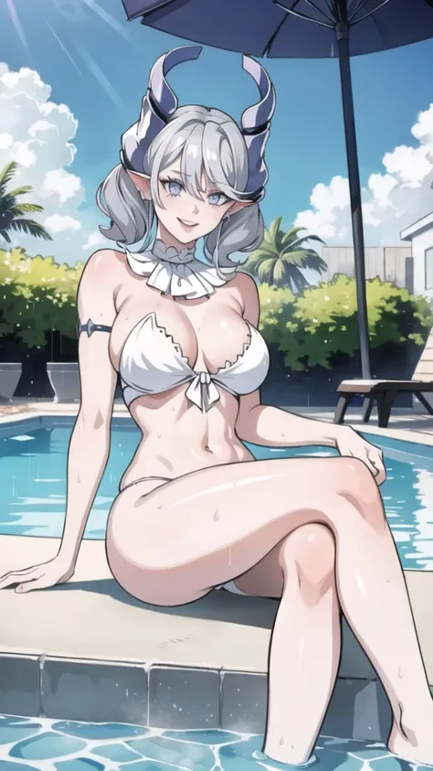 　High level image quality　best image quality　8K　 adult woman    pool party  rain　palm trees  more colors   white body 　portrait　 bikini   　horn    ears  　short hair（（shortcut）（gray hair）（perm）（fluffy））　eye color is blue ,  , 　attractive evil face , smile  ...