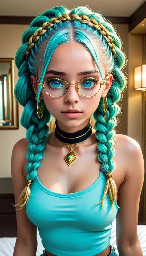 1girl,blue hair,blue eyes,long hair,black choker,pink glasses,blue crop top,gold bracelet,short shorts,looking at viewer,hotel room,upper body,,((Golden ratio face)) ((Bright light aqua eyes)), ((ultra detailed eyes)), ((thin small african dreadlock braids...