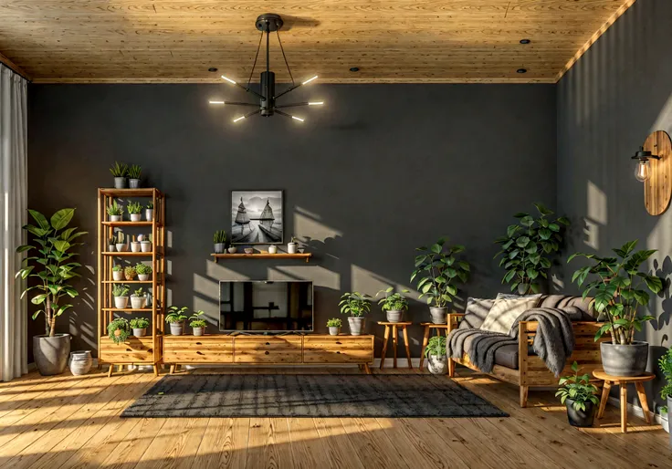 a cozy nordic style living room interior, detailed wooden cabinet, potted plants, modern lighting fixtures, frontal view, eye-level perspective, wide panoramic shot, full view of the front wall, ultra-realistic, cinematic lighting, 8k, best quality, ultra-...