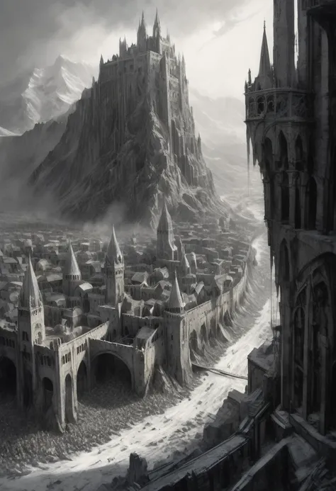 stunning black and white graphite sketch of the city of Minas Tirith during the Siege of Gondor , panoramic shot, from The Lord Of The Rings trilogy, in dynamic pose, by Anna Razumovskay, (by Alyssa Monks:1.1), by Joseph Lorusso, by Lilia Alvarado, beautif...