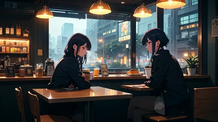 ３０1 female in her 20s, 90s anime style, rain, coffee shop,, Woman wearing headphones, Late night at the cafe counter, Listening to music alone, City Pop, low quality, Lo-Fi, Chill, late 夜, Stylish cafe counter seats, Dark Room, futuristic 夜 view outside th...