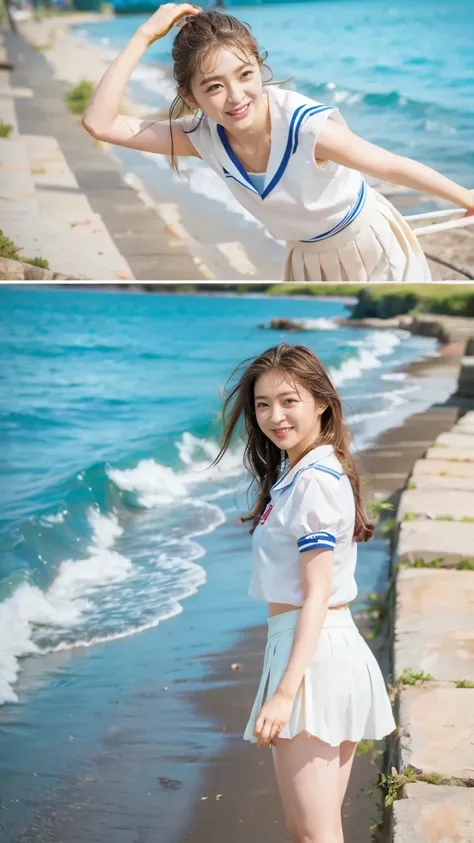 (((sunny day、japanese 、beach、a strong wind is blowing、her hair and skirt were flipped up、traditional navy blue sailor uniform、wh...