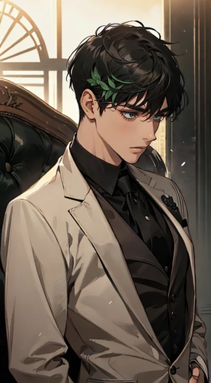 ((a young man in a black suit and tie)), taken in the early 2020s, gotham, alejandro, he looks very sophisticated, (((left side swept bang black short hair))), (dark green eyes and thick eyebrows), smirk. ((20 years old)), ((Black suite and black tie)), ma...