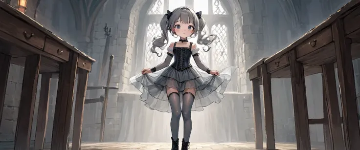 8 year old medieval girl, underwear姿、Translucent knee-length drawers（underwear）Wearing、Wearing a semi-transparent corset、Translucent slip, Grey translucent tights