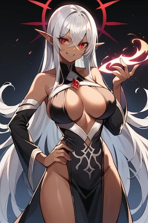 (masterpiece, best quality),dark elf,((dark skin)),long hair（silver hair）,large breasts（slender body）,((put one hand on hips)),hairs between eyes, crossed bangs,ruby red eyes,small eyes,white  Leather light clothing,evil smile,（On your index finger flame m...