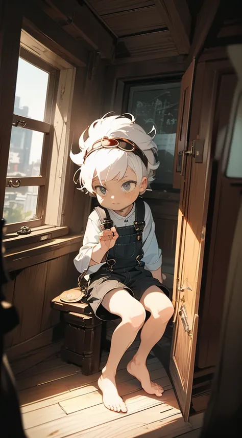 Two-dimensional cartoon boy Shota Shota, one-piece overall: 1.5, full body photo, nightcap, goggles, cute gestures, leg rings, white stockings, white hair, slightly red face, sitting by the window, looking out the window,