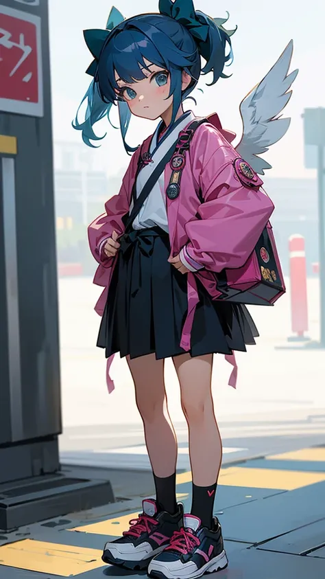 Girl angel, in Asian street style, bag with badges, ruffled bows, gaiters, sneakers 