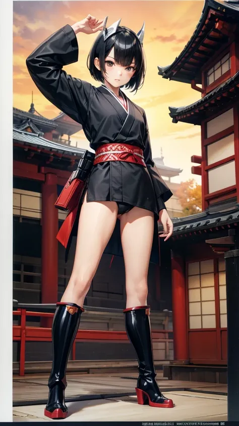 Black short-haired girl with doll head and flat chest，Japanese ninja costume，Hand guard，underwear，Bare Legs，iron boots，Standing，Japanese castle roof