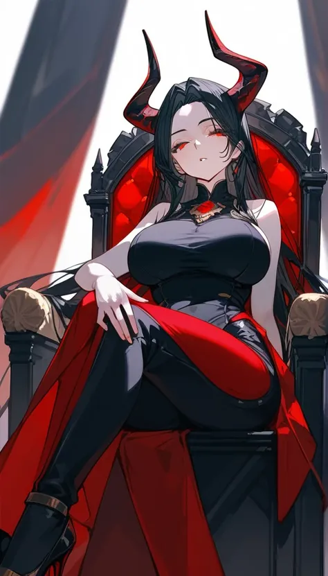 masterpiece, Score_9, Score_8_up, Score_7_up, front view, 1 woman, alone, black hair with red, long hair, parted bangs, dark red eyes, half-closed eyes, parted lips, expressionless, pale skin, large breasts, body suit, black bottom, best quality, horns up,...