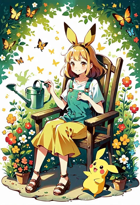 Draw a delightful illustration of Pikachu relaxing in a garden chair. Pikachu should be surrounded by blooming flowers and greenery, sitting comfortably with a smile. Include details like a watering can, garden tools, and butterflies flying around. The ove...