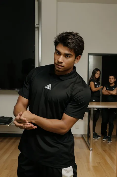 male football player with his back to the camera in a black football uniform. straight and both hands placed on the mesa as if leading a meeting.