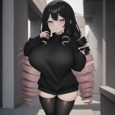 black hair, female, twin drills hair style, solo, smol, pink eyes, massive breasts, very long hair, wear open cut black sweater and leggings, masterpiece, ultra high quality