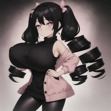 black hair, female, twin drills hair style, solo, smol, pink eyes, massive breasts, very long hair, wear open cut black sweater and leggings, masterpiece, ultra high quality