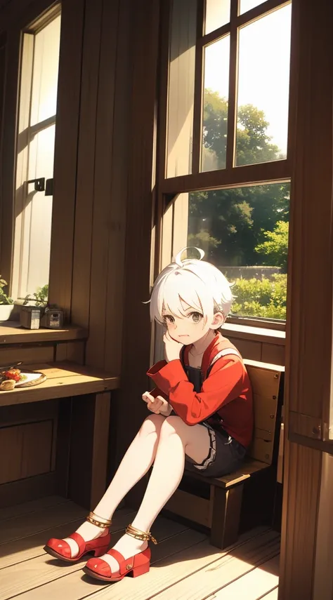 Two-dimensional cartoon boy Shota Shota, one-piece overall: 1.5, full body photo, nightcap, cute gestures, leg rings, white stockings, white hair, slightly red face, sitting by the window, looking out the window,