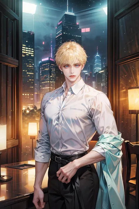 (absurdres, highres, ultra detailed, original character), 1 russian boy, solo, adult, handsome, ((tall muscular guy, broad shoulders)), finely detailed eyes, ((fluffy blonde hair)), hair between eyes, turquoise eyes, holographic, futuristic, casual outfit,...