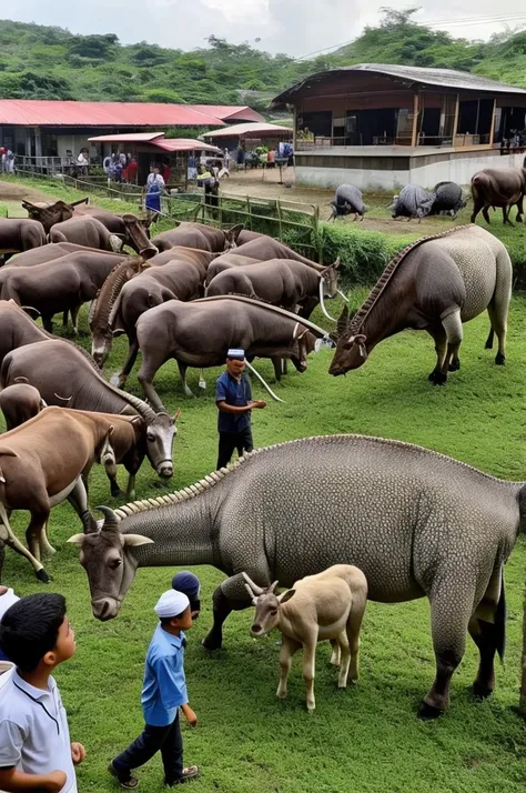 suasana hari raya idul adha, ada sapi, kambing, domba, dinosaurus, unta, dihalaman masjid yang sederhana