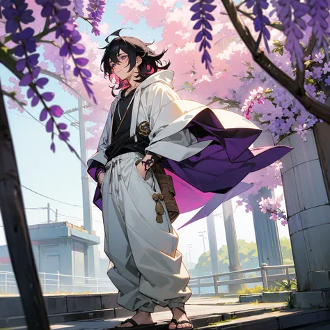 1male, young adult, finely detailed plum eyes, wild medium hair, two tone hair, black hair color, seashell white hair color, oversized hoodie, baggy pants, standing on building, day time, tokyo streets, calm expression, muscular, tattoos, wisteria flowers,...