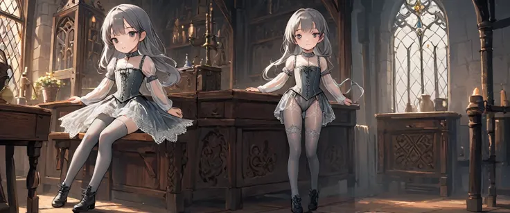 8 year old medieval girl, underwear姿、Translucent knee-length drawers with embroidered lace（underwear）Wearing、Wearing a semi-transparent corset、Translucent slip, Grey translucent tights