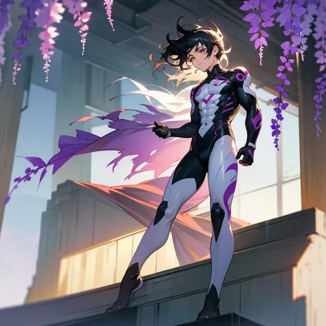 1male, young adult, finely detailed plum eyes, wild medium hair, two tone hair, black hair color, seashell white hair color, full body combat suit, standing on building, day time, tokyo streets, calm expression, muscular, tattoos, wisteria flowers, scars