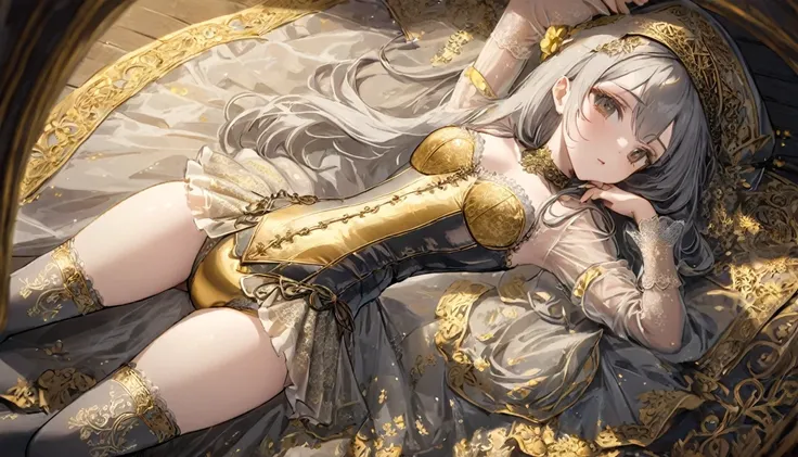 Medieval１People Girls、 Gold and silver embroidery、In underwear、Knee-length semi-transparent bloomers（With gold and silver lace）Wearing、Wearing a semi-transparent corset、 Grey translucent tights、Lying down