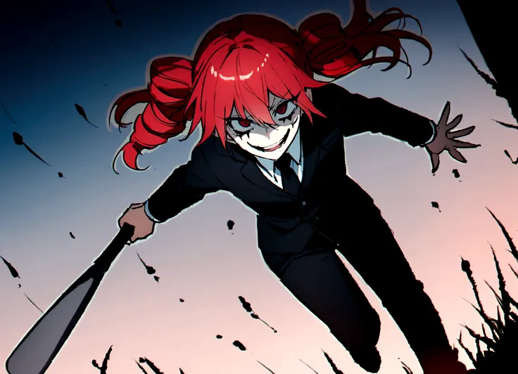 Red hair、Black suit、Black slacks、Wearing leather shoes、holding a silver metal baseball bat、Scary smile