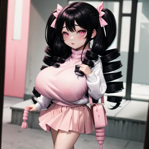 black hair, female, twin drills, solo, smol, pink eyes, massive breasts, very long hair, wear plain white sweater and pink skirt, masterpiece, ultra high quality