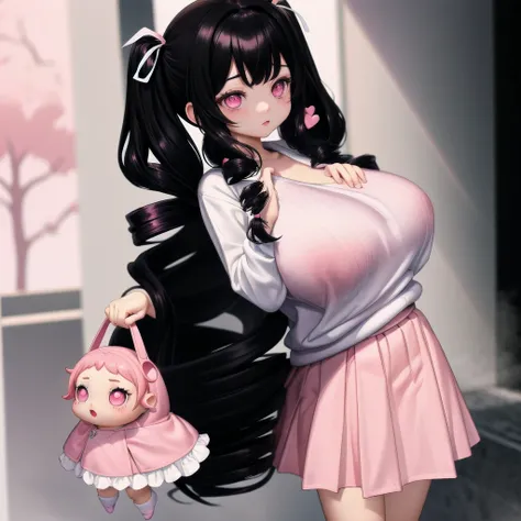 black hair, female, twin drills, solo, smol, pink eyes, massive breasts, very long hair, wear plain white sweater and pink skirt, masterpiece, ultra high quality