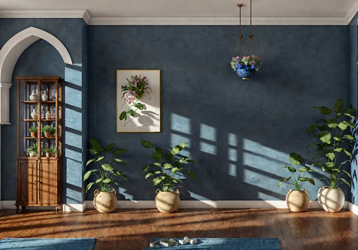 1girl, mediterranean style interior, blue color tones, vase with flowers, display cabinet, indoor plants, lighting fixtures, frontal view, eye-level perspective, wide angle, full frontal wall visible, hyper realistic, cinematic lighting, 8k, best quality, ...