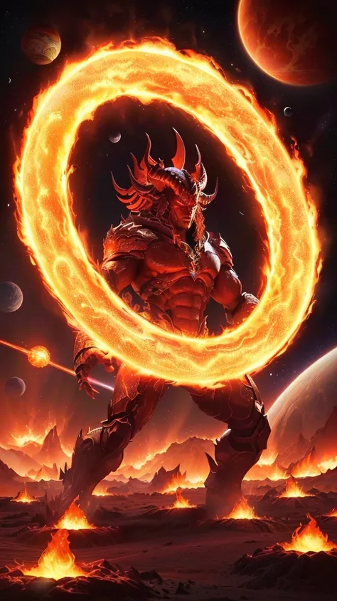 Close-up of a person holding a ring of fire in front of a planet, muscled humanoid Balrog demon, Red superstar, Fire Demon, Fire Spirit, Balrog, Mustafar, Giant Heavenly God, Great d & D Dark Sun Art, Ruler of Hell, Amazing space creatures 4K, Fire Golem C...