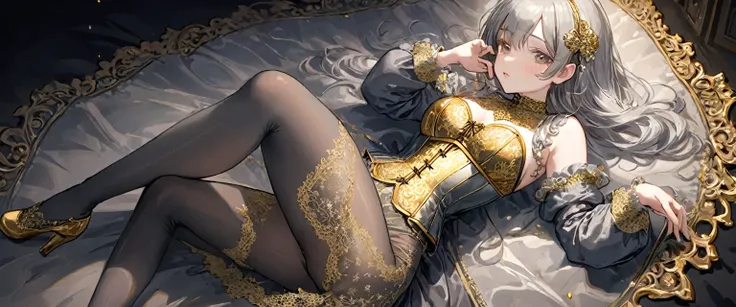 Medieval１People Girls、 Gold and silver embroidery、In underwear、Knee-length semi-transparent bloomers（With gold and silver lace）Wearing、Wearing a semi-transparent corset、 Grey translucent tights、Lying down